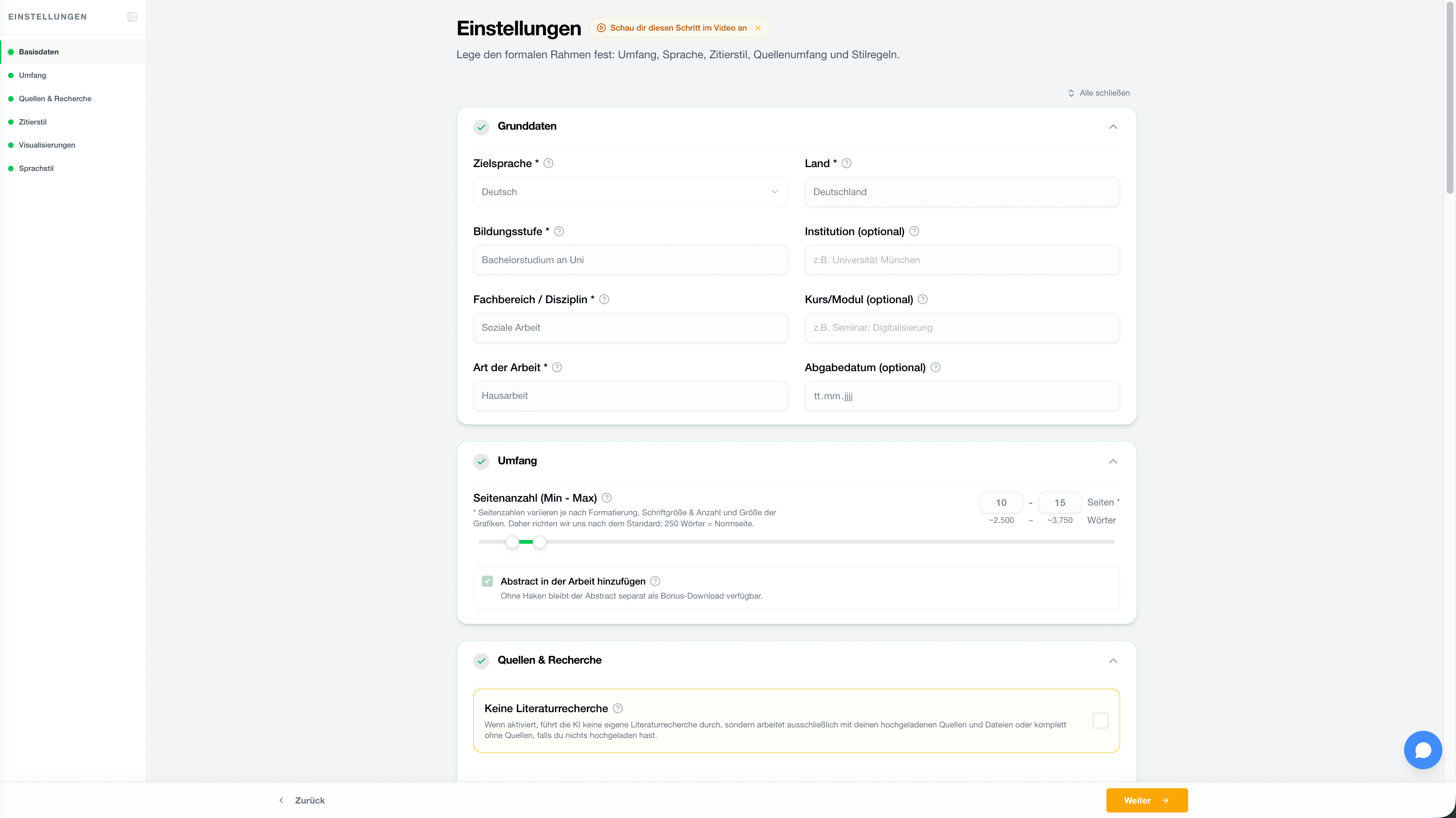 StudyTexter Einstellungen für Umfang, Sprache, Land und Zitierstil